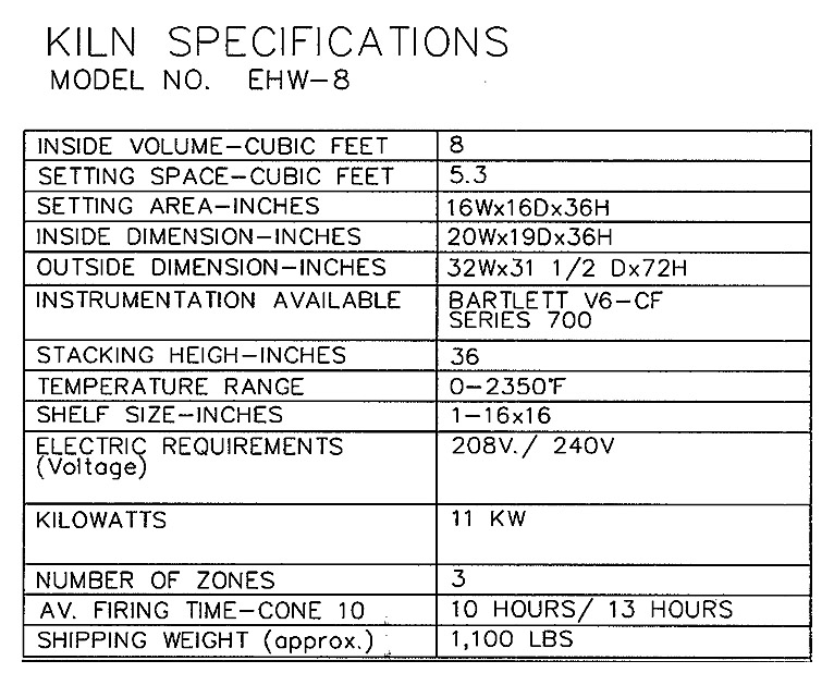 Image EHW-8 kiln specifications, Inside volume-cubic feet - 8, setting space-cubic feet - 5.3, Setting area-inches - 16Wx16Dx36H, Inside dimension-inches - 20Wx19Dx36H, Outside dimension-inches - 32Wx31.5Dx72H,  Instrumentation available - Bartlett V6-CF Series 700, Stacking Heigh-Inches - 36, Temperature Range - 0-2350F, Shelf size-inches - 1-16x16, Electric Requirements voltage - 208V / 240V, Kilowatts - 11KW, Number of Zones - 3, AV Firing Time - cone 10 - 10 hours / 13 hours, Shipping weight approx - 1,100 lbs