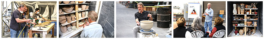 5 IMAGES from past workshops, 1 Tom Coleman helping a participant glaze, 2 Paul Geil loading the kiln, 3 Coleman throwing demo, 4 Pauls talk about kiln firing, 5 after firing image of kiln loaded with participants glazed work