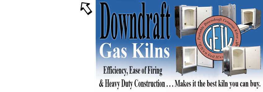 Image 2-text Downdraft gas kilns with 4 kilns surrounding the geil kilns logo also text says Effiency, Ease of firing, and heavy duty construction... make it the best kiln you can buy.