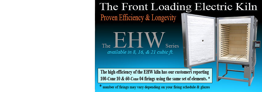 Image 3-image of an electric kiln with text that reads The Frontloading Electric Kiln, Proven Efficiency & Longevity, The EHW series, available in 8,16,21 cubic ft, the high & 60-cone 04 firings using the same set of elements, number of firings may vary depending on your firing schedule & glazes