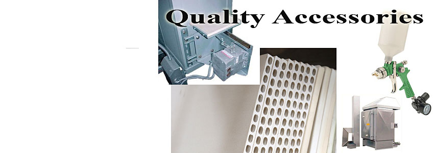 Image 5-Text that reads Quality Accessories with an image of CORDIERITE HOLLOW CORE SHELVES, green spray gun, the auto damper and a kiln with the ventilation system